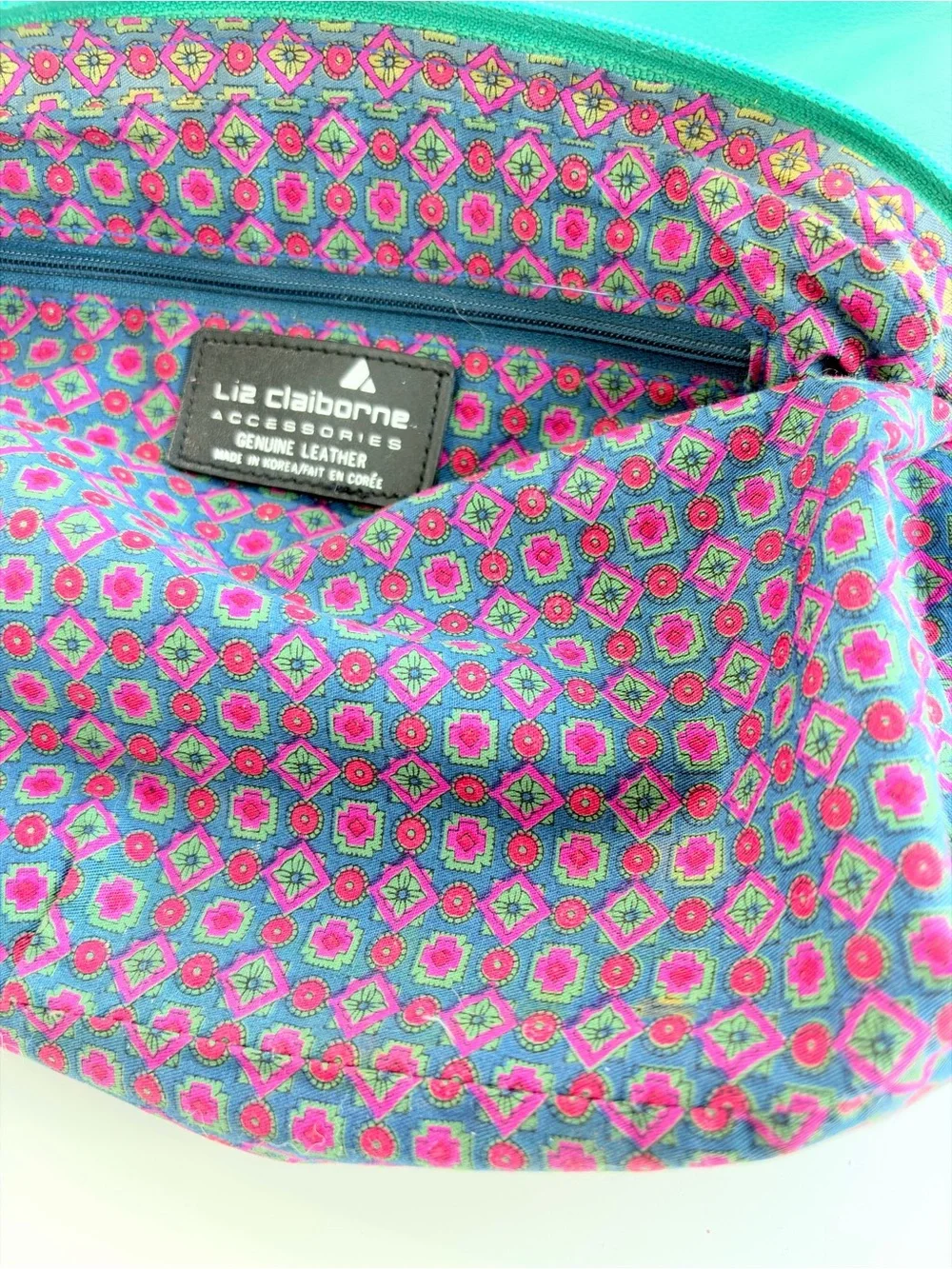 Liz Claiborne Teal Green Leather Crossbody Shoulder Bag Purse Vintage 1980/90s.